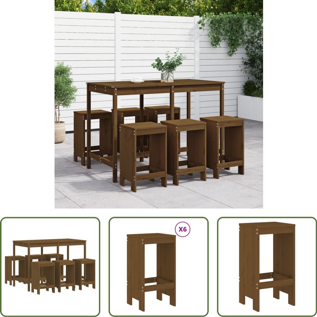 The Living Store 7-tlg. Gartenbar-Set Honigbraun Massivholz Kiefer