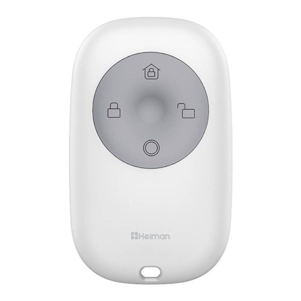 A white remote control with a gray circular button interface.