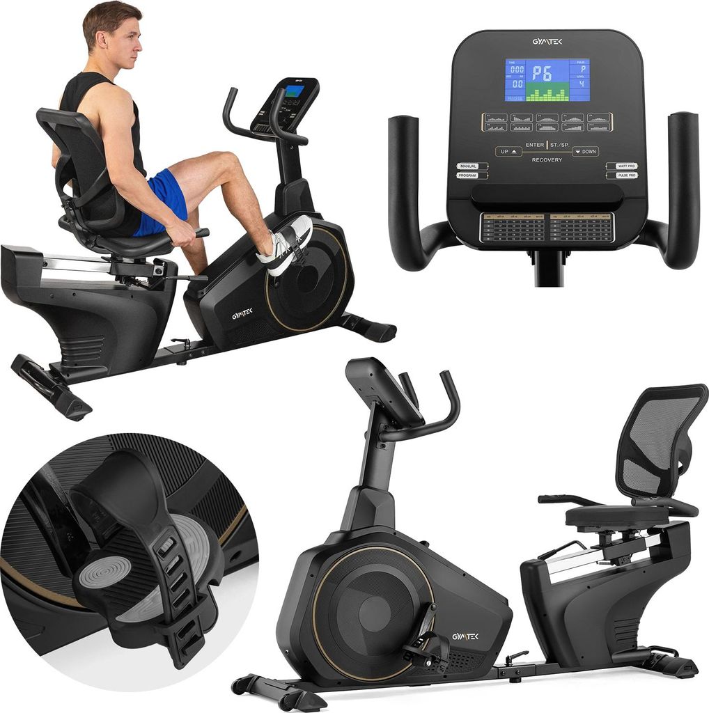 Gymtek Magnetischer Heimtrainer, Liegerad, Fahrrad für Zuhause - bis 150 kg - 16 Widerstandsstufen - 10 kg Schwungmasse - Trainingscomputer