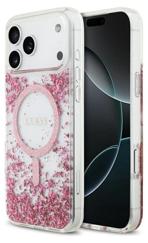 A clear product shot of a phone case with pink glitter inside, showing the MagSafe ring and the Guess logo.
