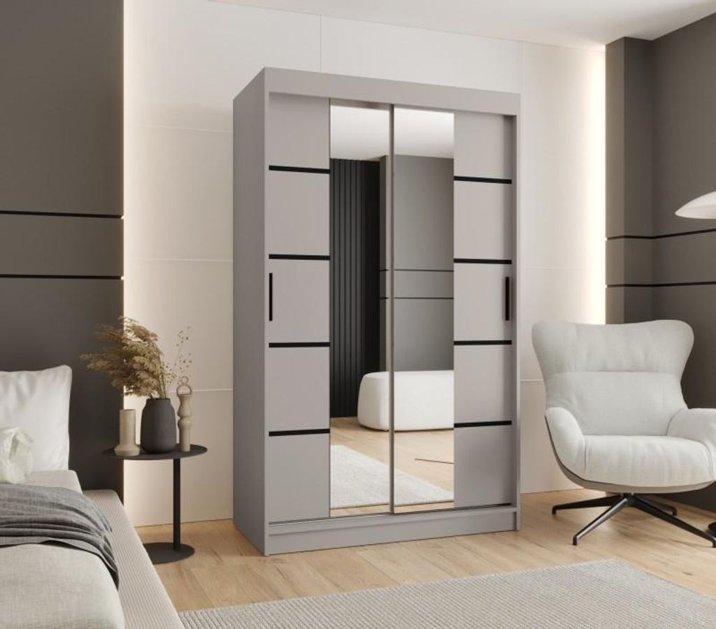 Schmaler Kleiderschrank mit Schiebetüren, 120 cm breit, CASANDRA – Kaschmir/Schwarz