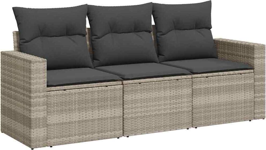 vidaXL 3-tlg. Garten-Sofagarnitur mit Kissen Hellgrau Poly Rattan