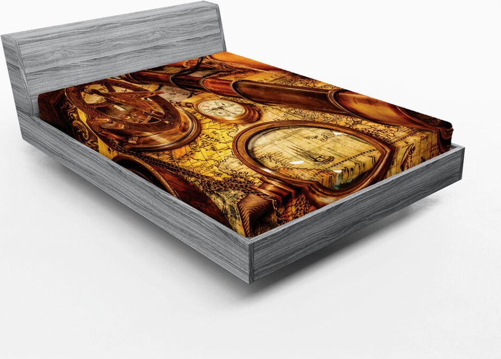 ABAKUHAUS Antiquität Spannbetttuch, Vergrößerungsglas Kompass Teleskop und Taschenuhr auf einer alten Karte, 90 x 200 cm, Orange Braun Gelb