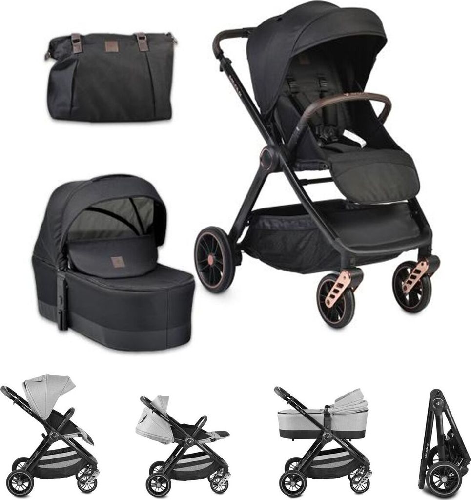Cangaroo Kombikinderwagen Macan 2 in 1 Babywanne Sportsitz Tasche PolyurethanRäder Gurt schwarz