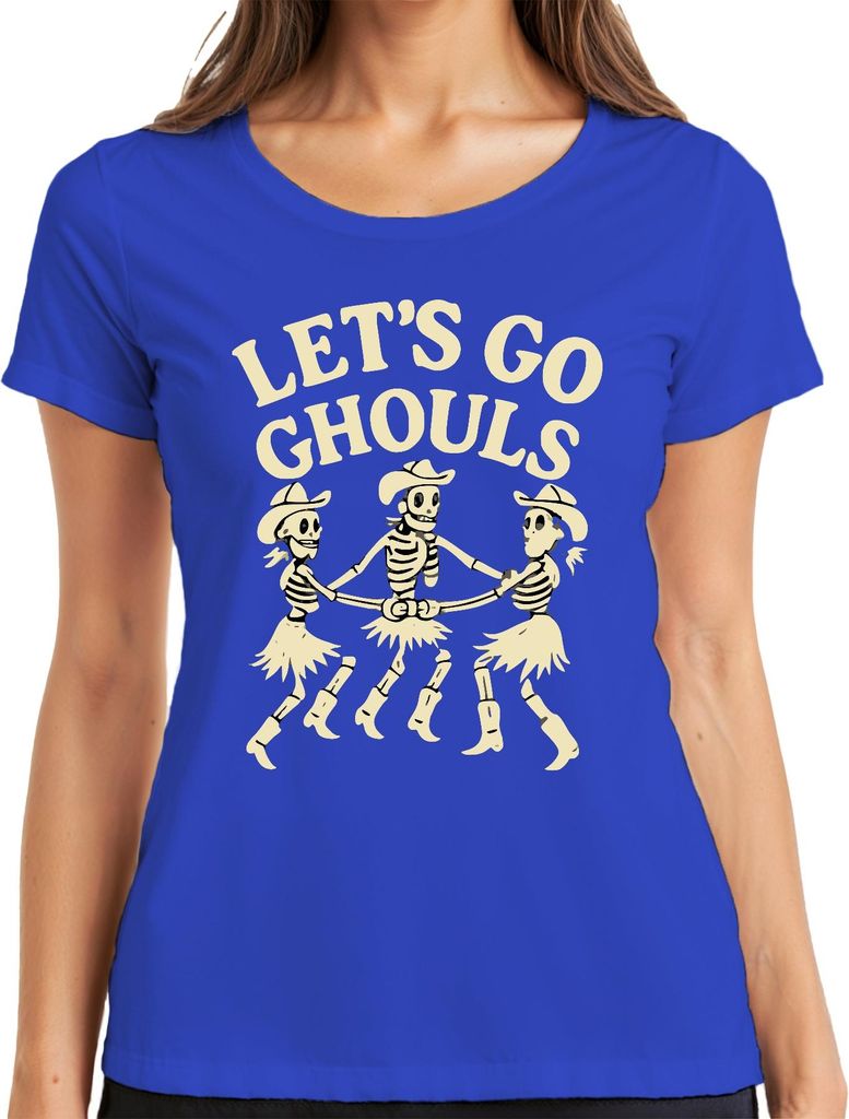LET'S GO GHOULS Horror Skelett Cowboy Western Tanz Mädelsgruppe Damen T-Shirt, Blau, XL