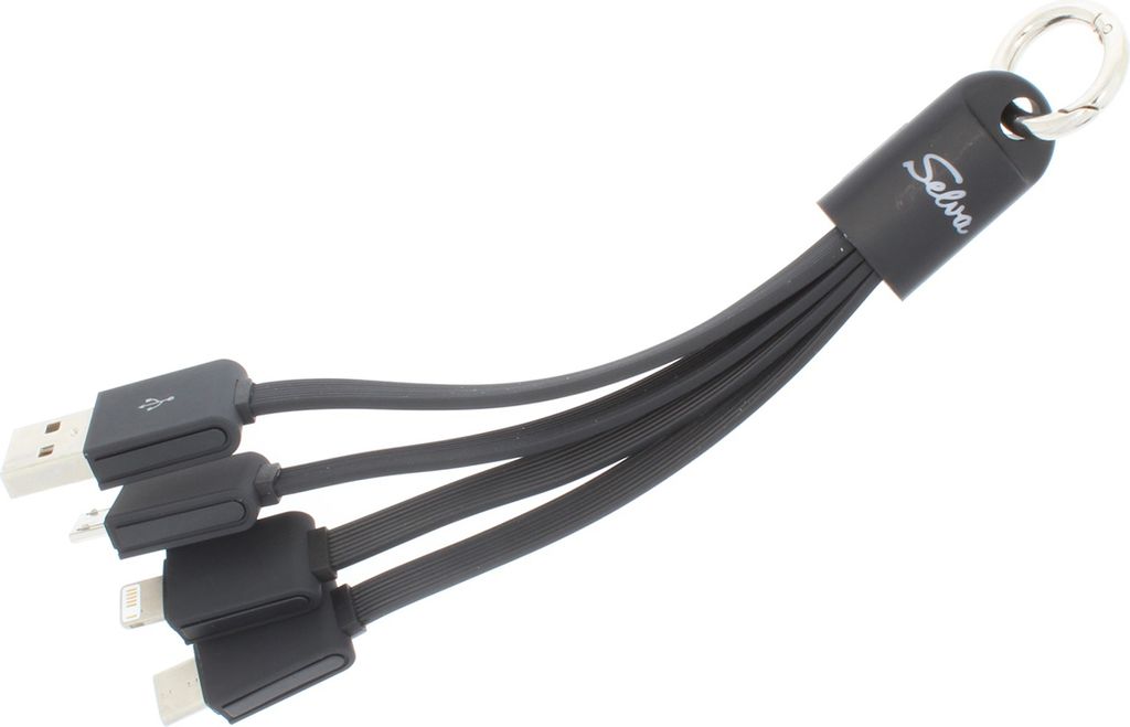 SELVA USB Ladekabel, 4-in-1, LED-Beleuchtung, USB Typ C, USB 2.0, Micro USB & Lightning, mit Karabinerring, Gesamtlänge ca. 150 mm