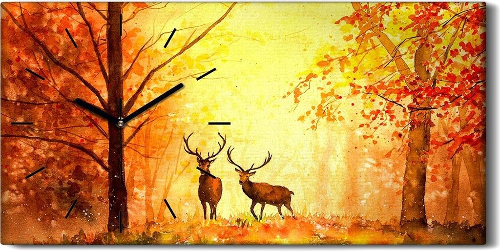 Küche Wohnzimmer Wand Leinwand Uhr 60x30 Malerei Wald Bäume Herbst Hirsch Kunst - schwarze Hände