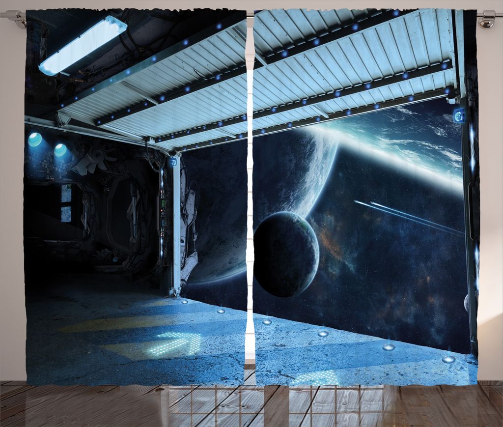 ABAKUHAUS Weltraum Rustikaler Gardine, Mond-Planet-Szene, Schlafzimmer Kräuselband Vorhang mit Schlaufen und Haken, 280 x 225 cm, Marineblau