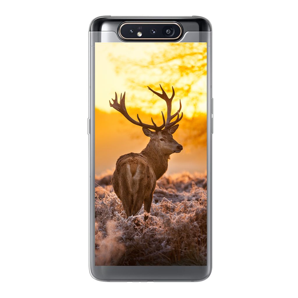 MuchoWow Handyhülle Schutzhülle Hülle für Samsung Galaxy A80 Hirsche - Tiere - Sonnenuntergang - Winter - Heidekraut - Natur Silikon Softcase...
