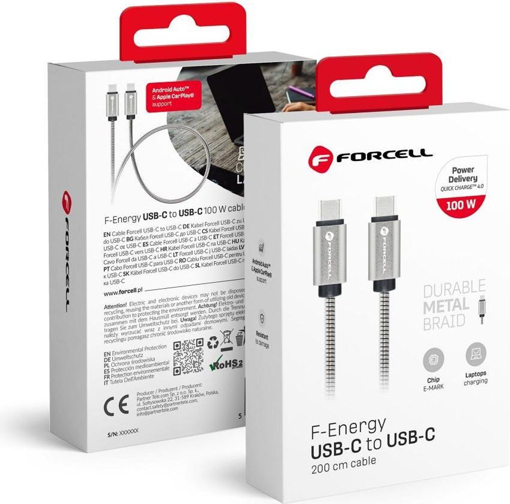 FORCELL Kabel Typ C auf Typ C QC4.0 5A/20V PD 100W E-Mark Metall C239 1m silber
