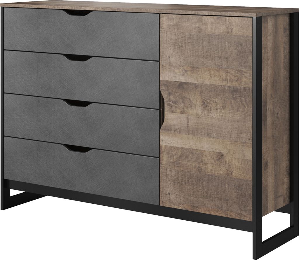 Masseno Kommode ARDENTE 138 cm Sideboard mit 4 Schubladen und 1 Türen für Wohnzimmer Schlafzimmer Modern 138x40x99 cm Eichefarben / Hellgrau