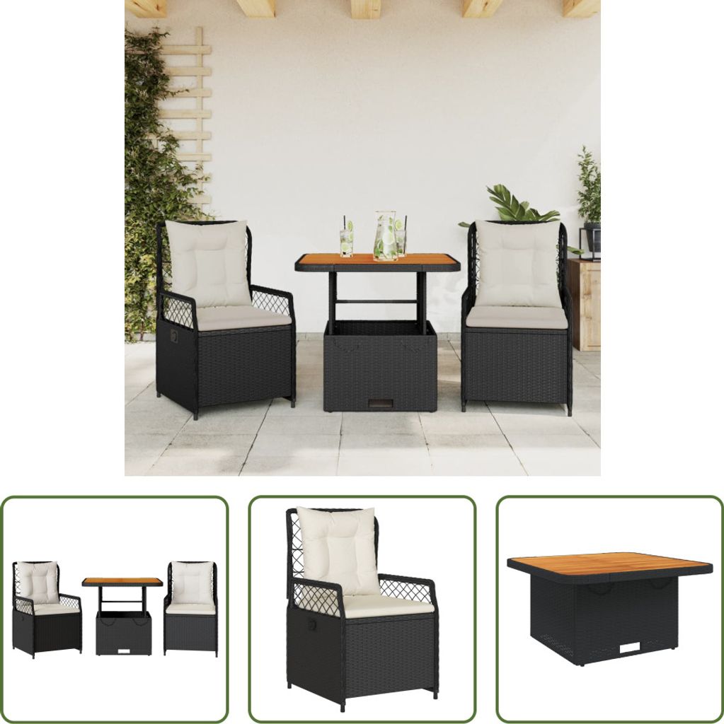 The Living Store 3-tlg. Garten-Essgruppe mit Kissen Schwarz Poly Rattan