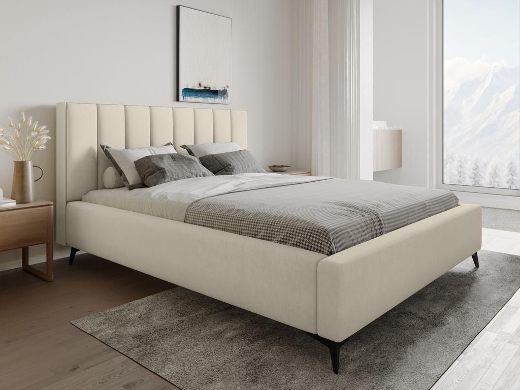 Polsterbett BERLIN 140x200 cm Doppelbett mit Lattenrost Stauraum Bettkasten Stoffbett CREME