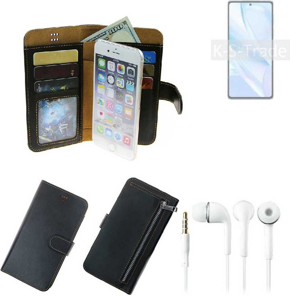 TOP SET Handy Hülle Schutz Hülle kompatibel mit Motorola Edge S Pro schwarz aus Kunstleder + Kopfhörer Smartphone Tasche vollwertige Geldbörse