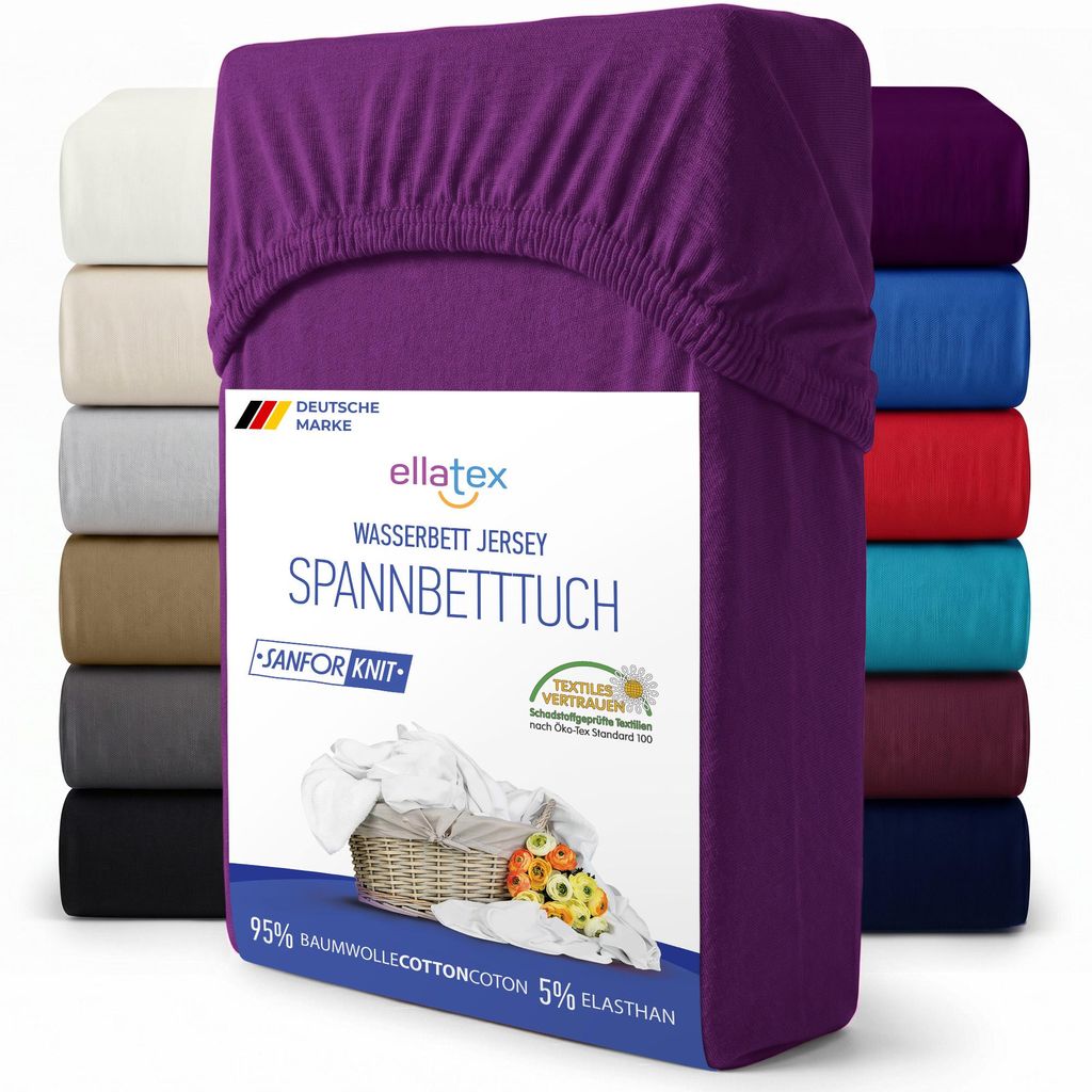 EllaTex Premium Spannbettlaken 180x200–200x220 Baumwolle-Elasthan 200 g/m² – Spannbetttuch 40 cm Steg, Boxspringbett & Wasserbett, Farbe: Orch...