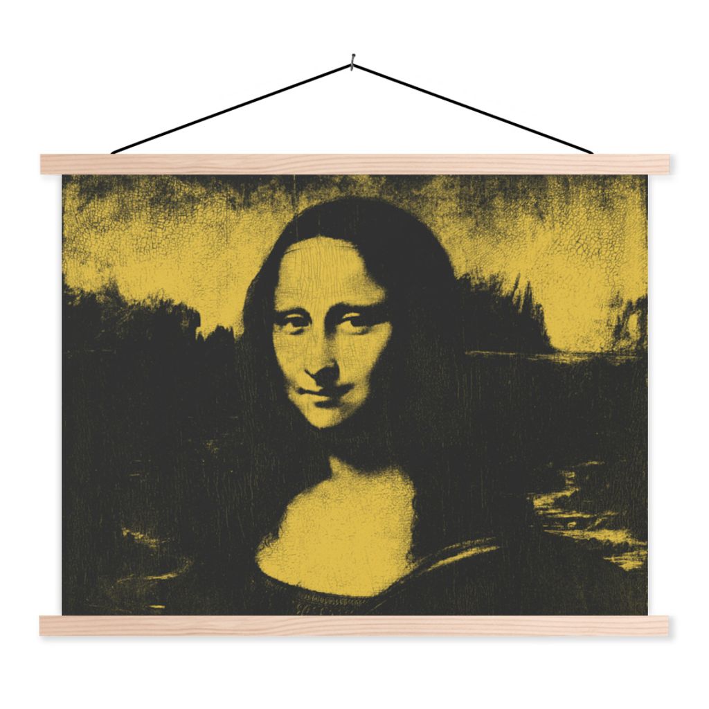 MuchoWow Textilposter Mona Lisa - Leonardo da Vinci - Schwarz - Gelb 40x30 cm mit holzfarbenen Rahmen - Bilder