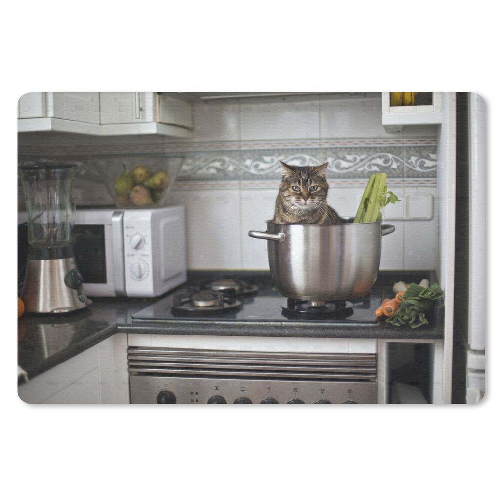 MuchoWow Schreibtischunterlage Katze - Pfanne - Küche 60x40 cm - XXL Mauspad - Großes Mauspad
