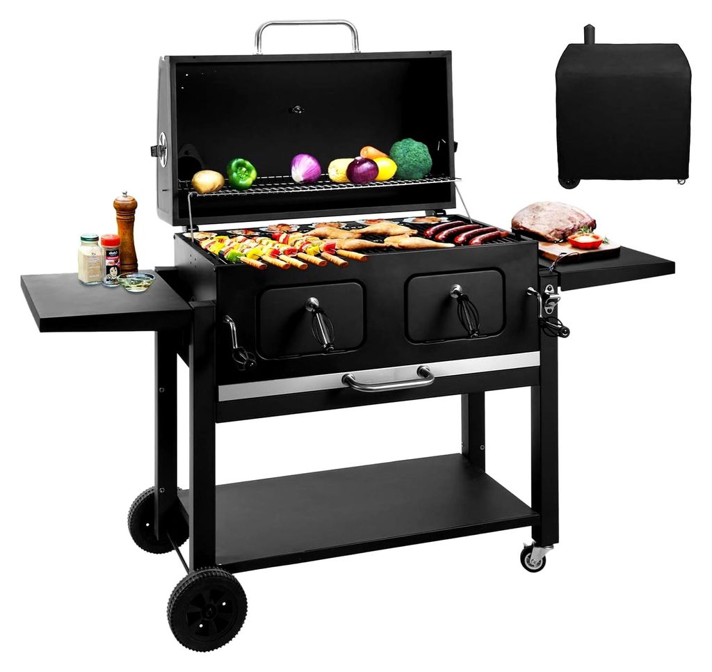 XXL Holzkohlegrillwagen mit Deckel, BBQ Smoker, Rädern, Edelstahlgriff, Grillrost und Thermometer, Standgrill, Kohlegrillwagen 154,5 x 89 x 122 cm