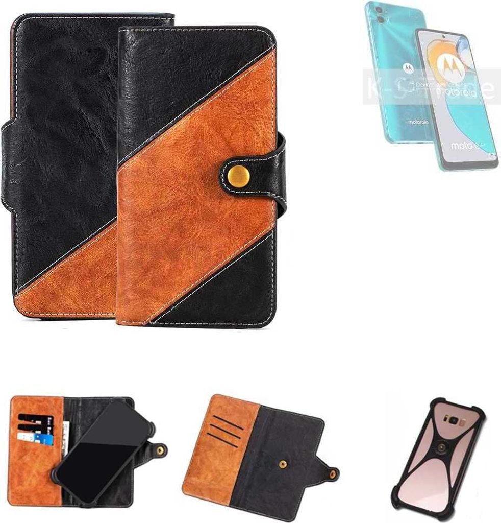 K-S-Trade Handyhülle Schutzhülle Bookstyle Case Wallet-Case kompatibel mit Motorola Moto E22s Handy Cover Bumper Klapphülle schwarz hellbraun 1x
