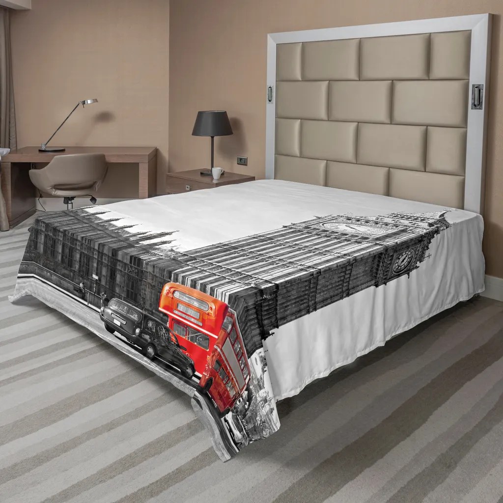 ABAKUHAUS Londres Drap Plat Big Ben et Bus Anglais 266 x 260 cm Gris