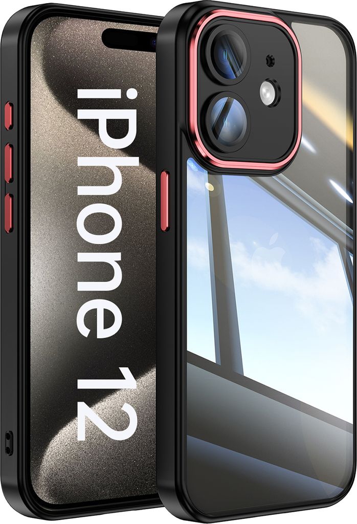 Handyhülle für iPhone 12 Hybrid Transparent TPU PC Militärschutz mit Kameraabdeckung Schwarz Rot