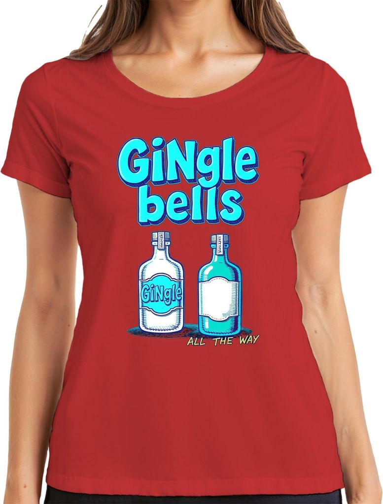 Gingle bells Weihnachten Gin Geschenk Gin Liebhaber All the way Damen T-Shirt, Rot, XXL