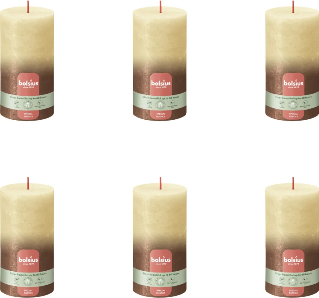 Bolsius - Candela a colonna rustica - Metallica in dissolvenza - 130/68 - 1 pezzo per confezione - Beige avena + rame - Value Pack - 6 pezzi