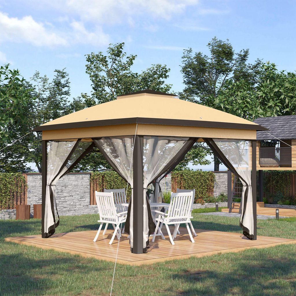 Pop-Up Faltpavillon 3,3x3,3m – wasserabweisend, winterfest & Doppeldach, UV-Schutz, mit Seitenteilen & Tasche, für Camping & Garten, Beige