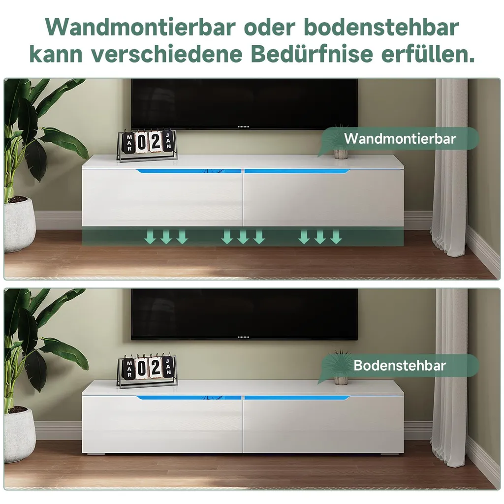 Meuble TV Suspendu Blanc Brillant LED SONNI 160 cm - Rangement Mural - 14