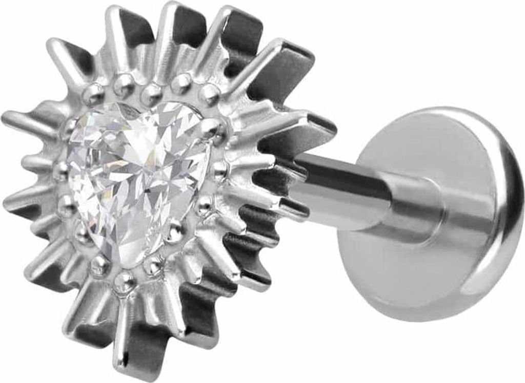 Ohrpiercing, Nasenpiercing Titan Labret mit Push Fit KRISTALLHERZ + SONNENSTRAHLEN Silber Stablänge: 7mm | Stabstärke: 1,2mm