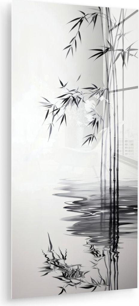 MuchoWow Glasbilder - Bilder auf Wandbild - Foto auf Glas Bambusstämme - Wasser - Minimalistisch - Weiß 40x80 cm Wanddekoration aus Glas - Acrylg...