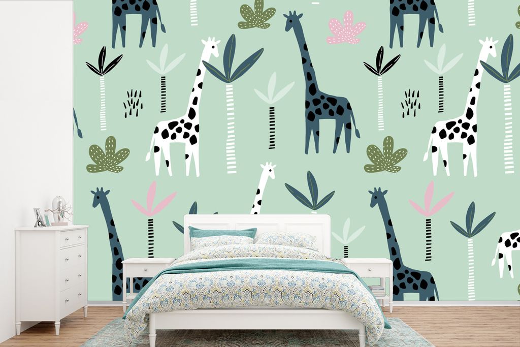 MuchoWow Fototapete für Wohnzimmer oder Schlafzimmer Wandtapete Vinyl Motivtapete Giraffe - Baum - Grün - 360x240 cm - Vinyl-Tapete