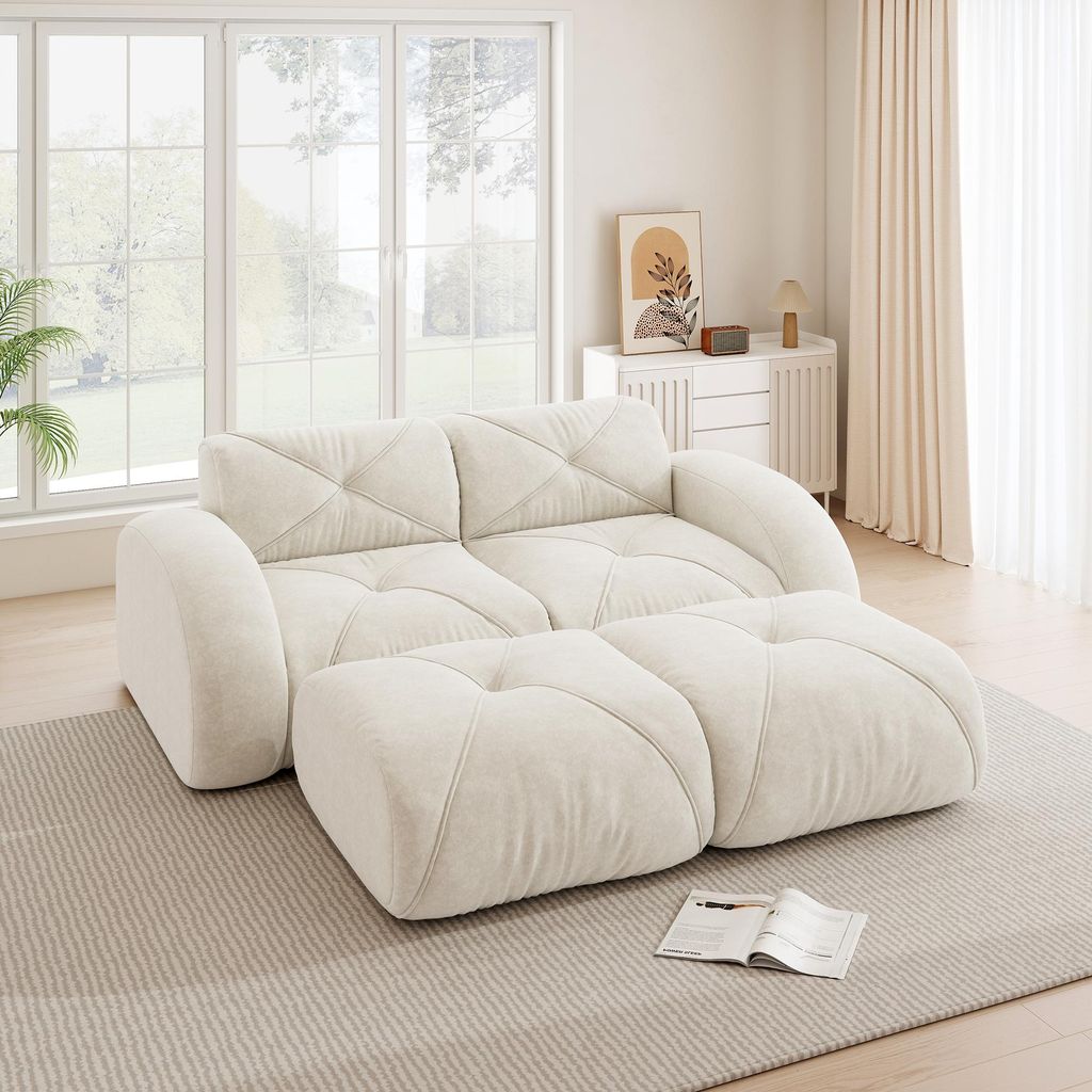 Dieses modulare 2-Sitzer-Sofa wird mit zwei Hockern geliefert. Es ist ein rahmenloses Sofa, das sich für Wohnzimmer und Wohnungen eignet, rutschfe...