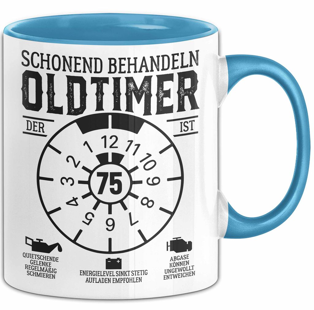 75. Geburtstag Tasse Oldtimer Schonend Behandeln Geschenkidee Männer Frauen Lustiger Spruch 75er Geburtstag Geschenk (Blau)