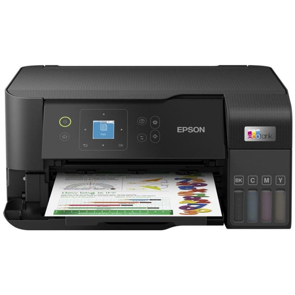 A black Epson EcoTank L3560 printer is shown from the front, printing a document.