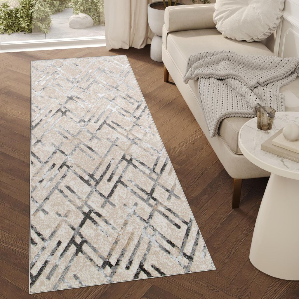 Tapiso Läufer CRYSTAL Modern Beige Grau Creme Wohnzimmer 120 x 440