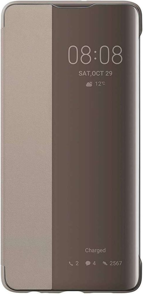 A close-up view of a brown flip phone case with a transparent window showing the phone's screen.