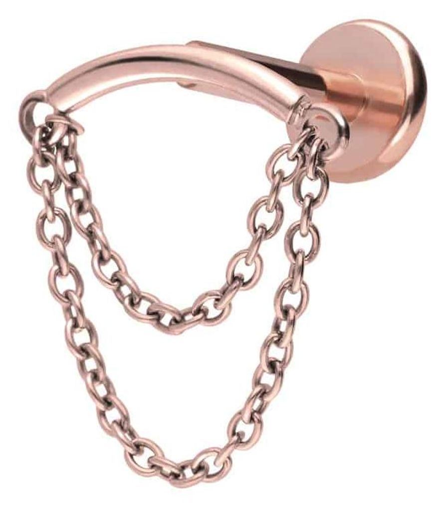 Ohrpiercing, Nasenpiercing Titan Labret mit Push Fit BOGEN + 2 KETTEN RoséGold Stablänge: 9mm | Stabstärke: 1,2mm