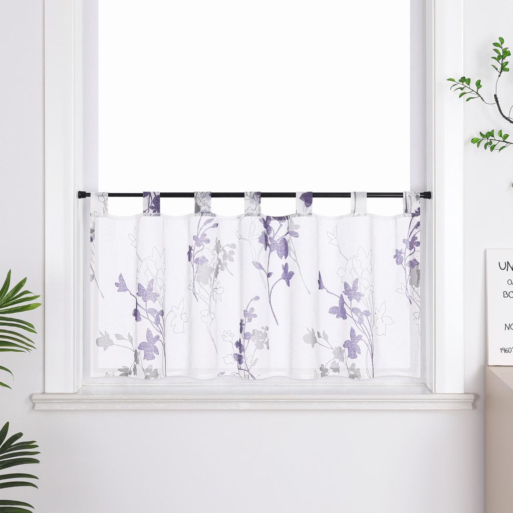 Joyswahl Scheibengardine mit Schlaufen Modern Küche Gardine Bistrogardine mit Blumendrucken Kurzstores kleine Vorhang landhausstil 1 Stück, Lila...