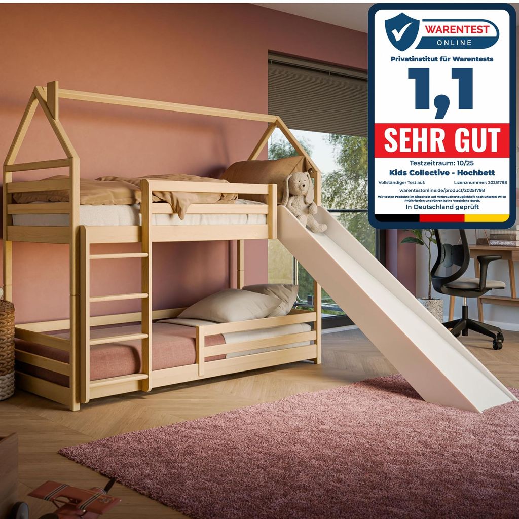 Hochbett mit Rutsche 90x200 cm, Hausbett, Etagenbett mit Rausfallschutz und Leiter, Bett Bed Bodenbett Jugendbett Spielbett für 2 Kinder, Kinderzi...
