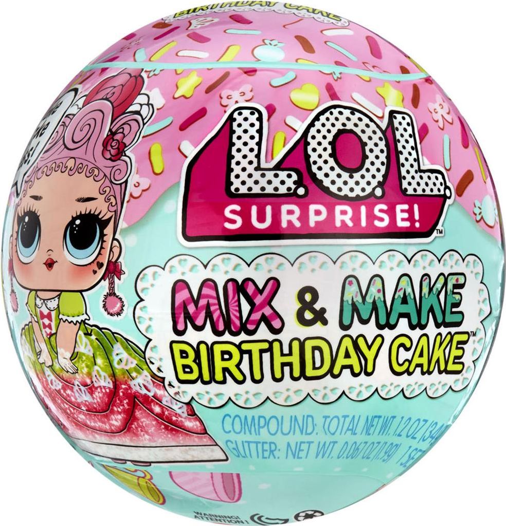 A spherical LOL Surprise! Mix & Make Birthday Cake toy packaging.