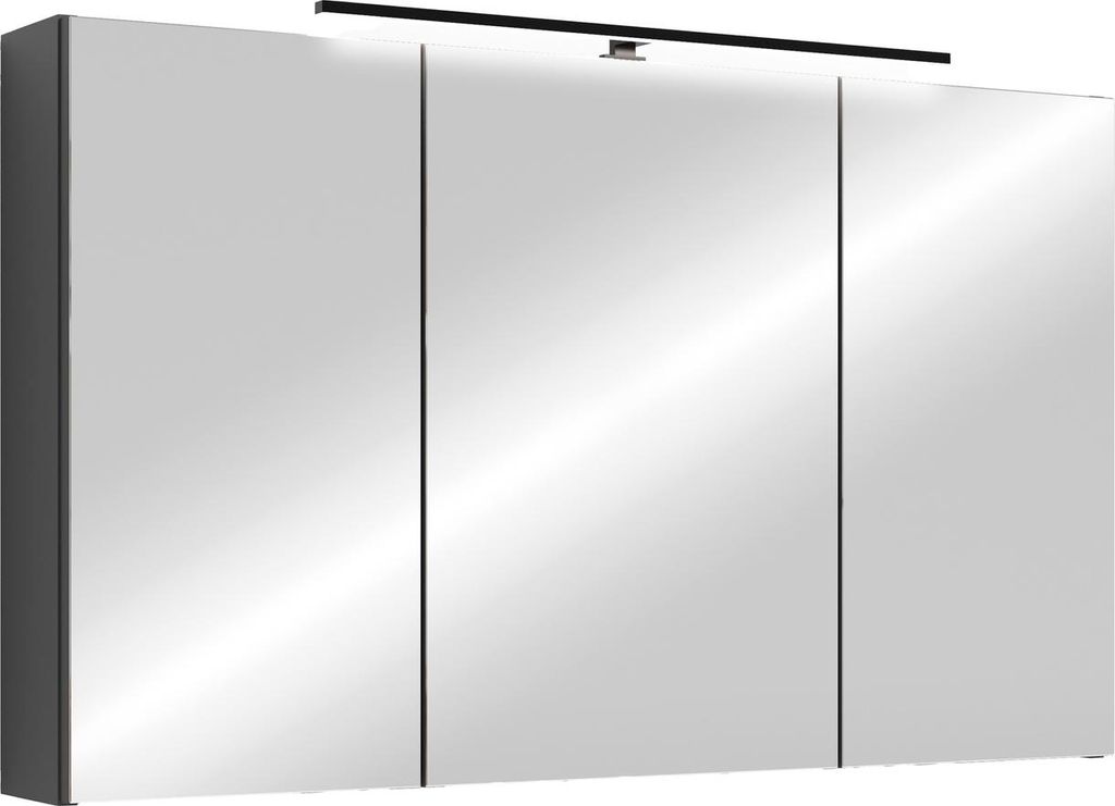 A three-door mirrored cabinet with a black LED light strip above it, set against a white background.