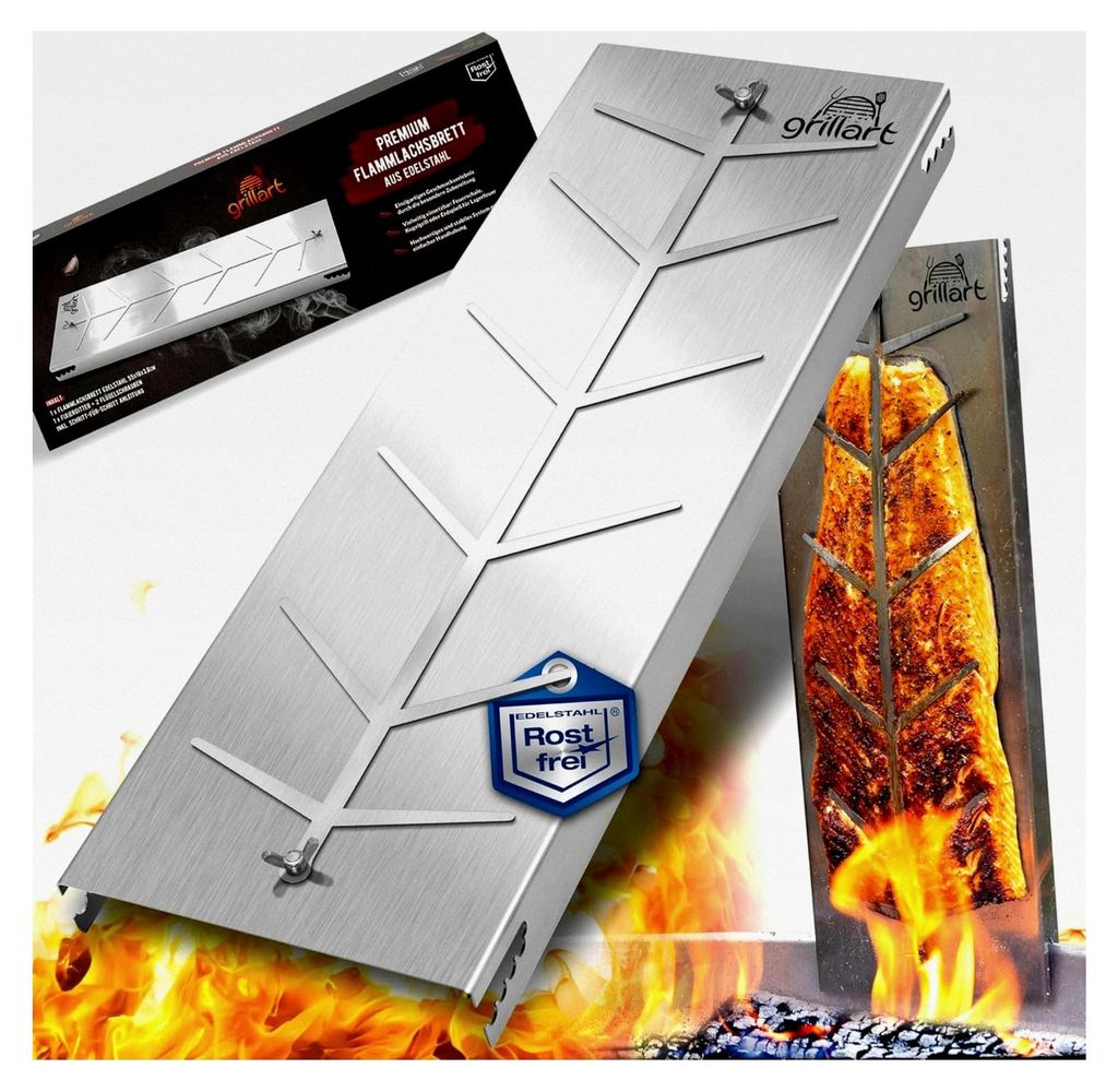 XXL Premium Flammlachsbrett aus Edelstahl – 180° drehbar & 5-fach verstellbar – Lachsbrett für Grill & Feuerstelle – 55 cm lang und 18 cm b...