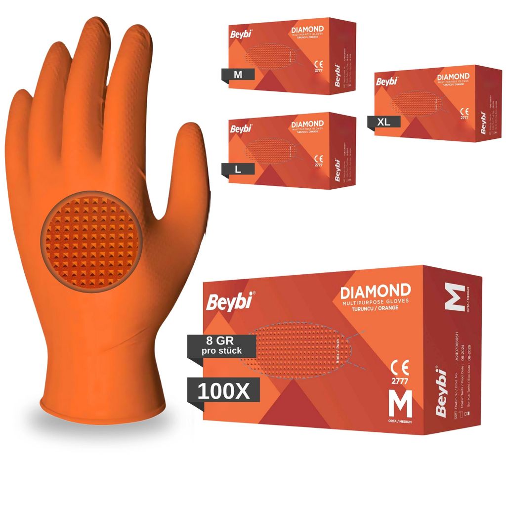 BEYBI Einweghandschuhe Diamant Grip 100 ST./Box , Orange , Einmalhandschuhe Extra Stark, Nitrilhandschuhe Gr. M 3x Dicker, Handschuhe Einweg,M,L,XL
