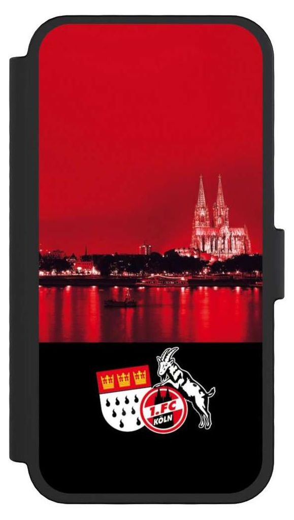 NIVOCASE Klapphülle für Apple iPhone 16 Pro Handyhülle aus Kunst Leder NIVOflip schwarz 1. FC Köln Offizielles Lizenzprodukt Skyline