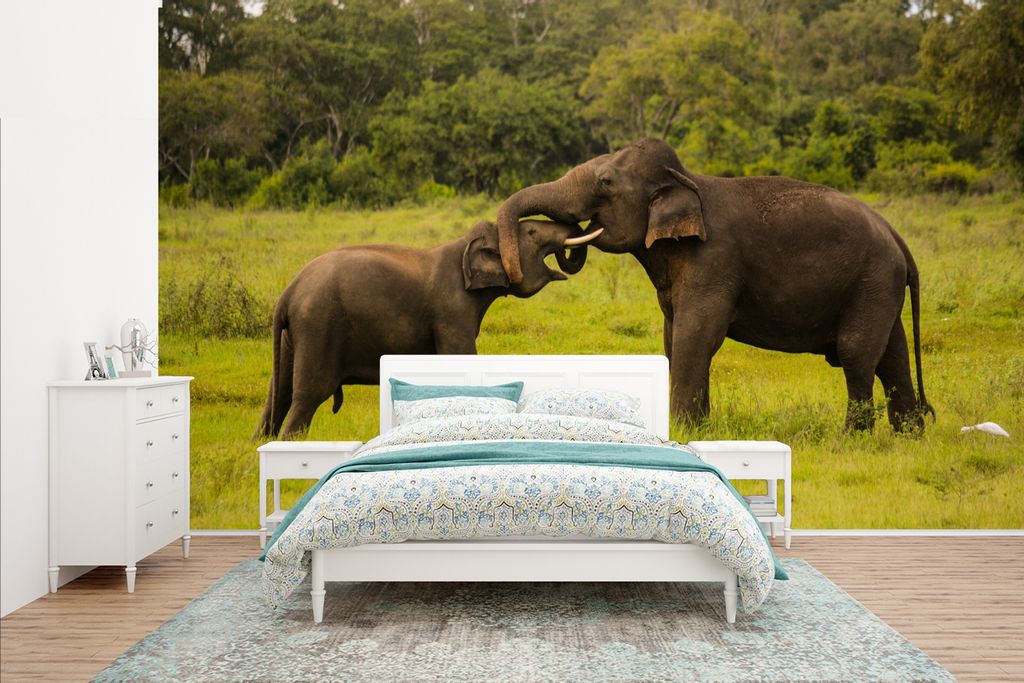 MuchoWow Fototapete für Wohnzimmer oder Schlafzimmer Wandtapete Vinyl Motivtapete Zwei kämpfende Elefanten - 400x240 cm - Gemustert