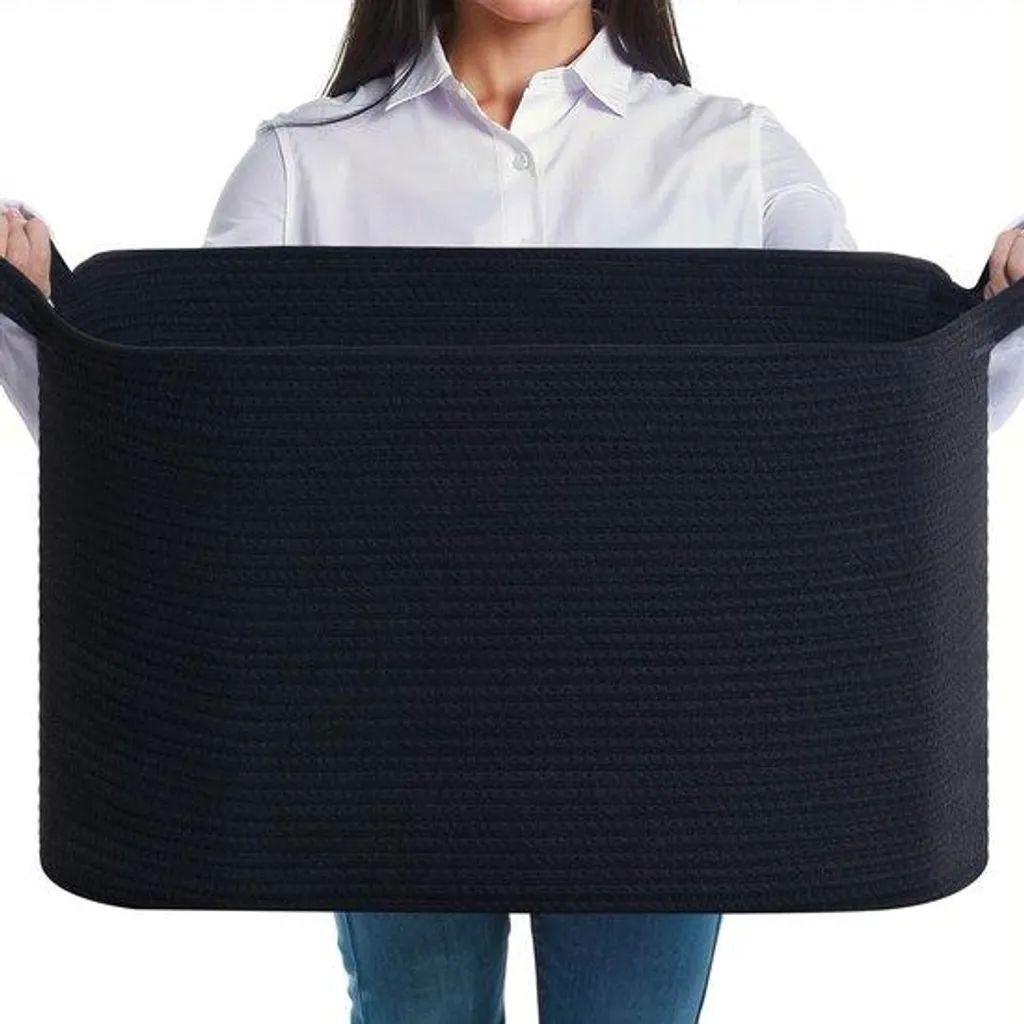 Corbeille à Linge en Coton Noir 63 Litres - Panier Pliable Pratique