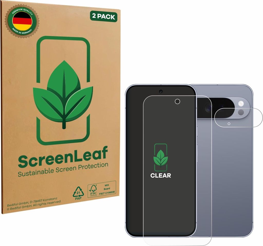 2x ScreenLeaf Schutzfolie für Google Pixel 10 Pro XL (Display+Kamera) nachhaltiger Displayschutz Display Schutz Folie Klar Transparent
