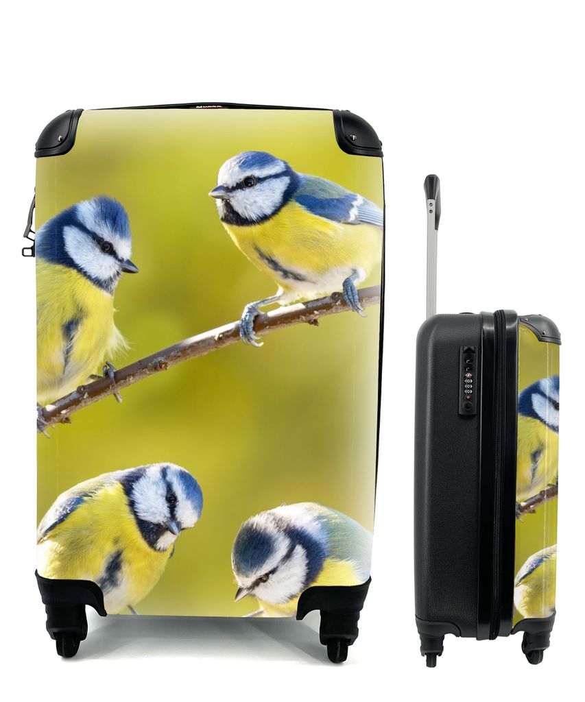 MuchoWow Koffer Handgepäck Trolley Rollkoffer Kleine Reisekoffer mit 4 Rollen - Vogel - Blaumeise - Äste - Sonne - Cabin Size < 55x40x23 cm & 5...