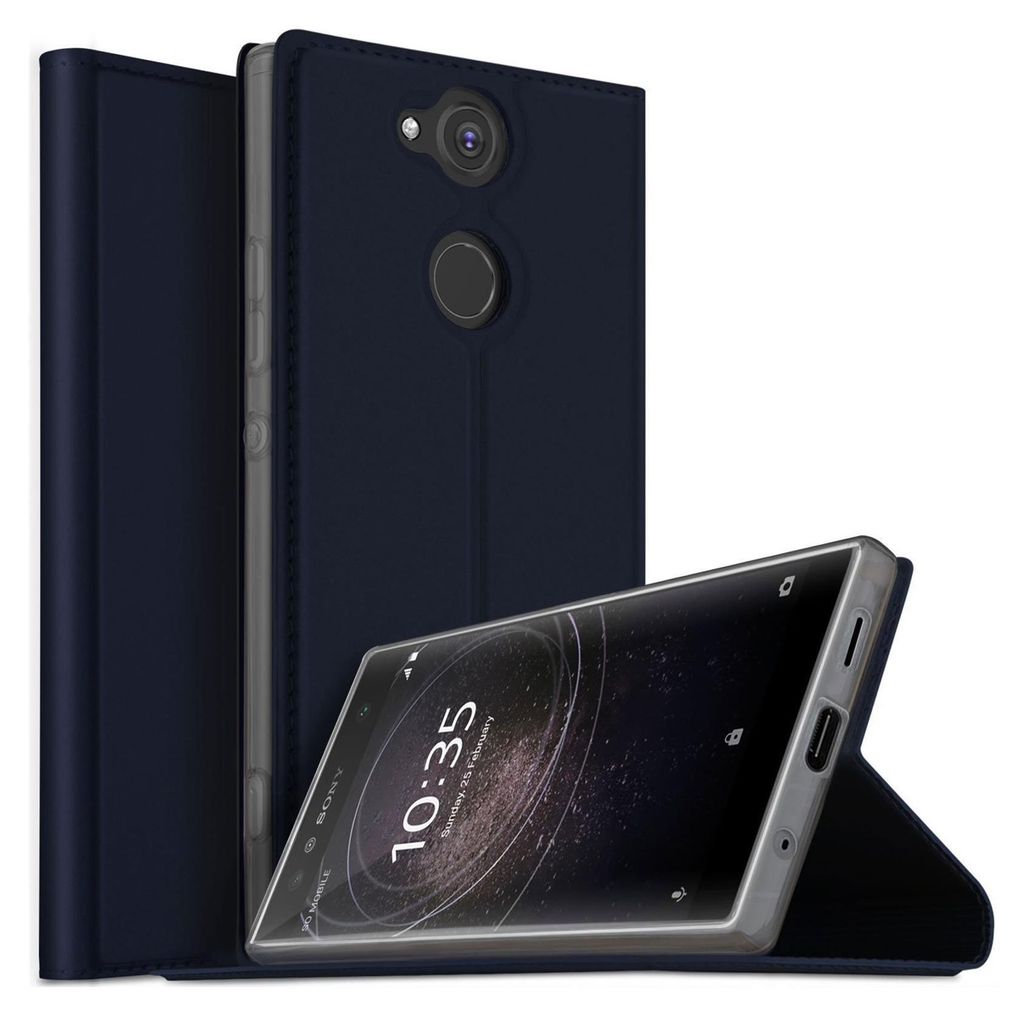A dark blue flip case for a smartphone is shown, with the phone inside and its screen displaying the time.